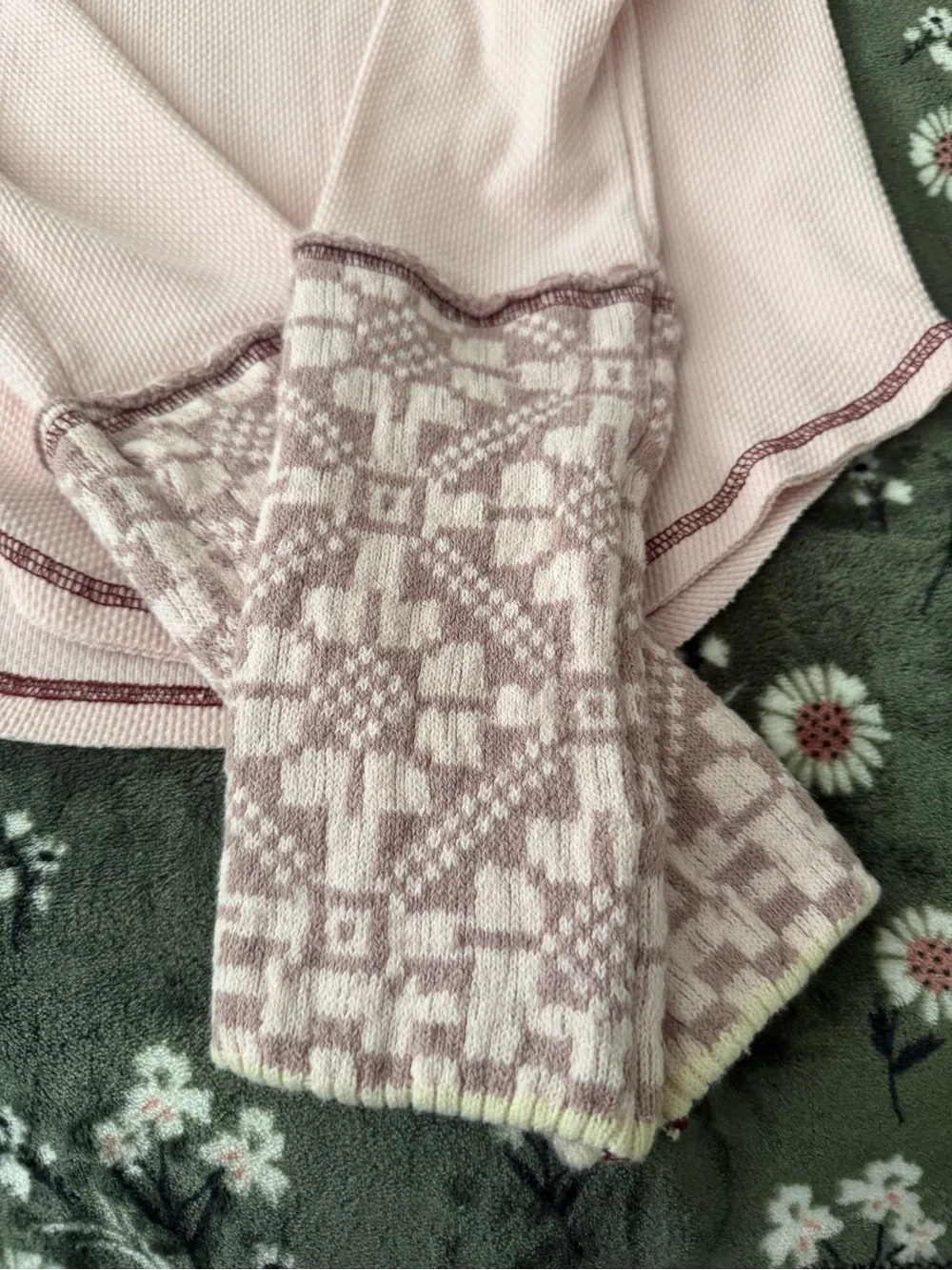 Free People Reversible Pale Pink Long Sleeve Thermal Top with Patterned Cuffs